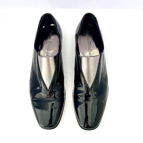 Acne Studios Loafer Shoe Flats Black Patent Leather Silver Metallic Gore Size 38 - Picture 1 of 13
